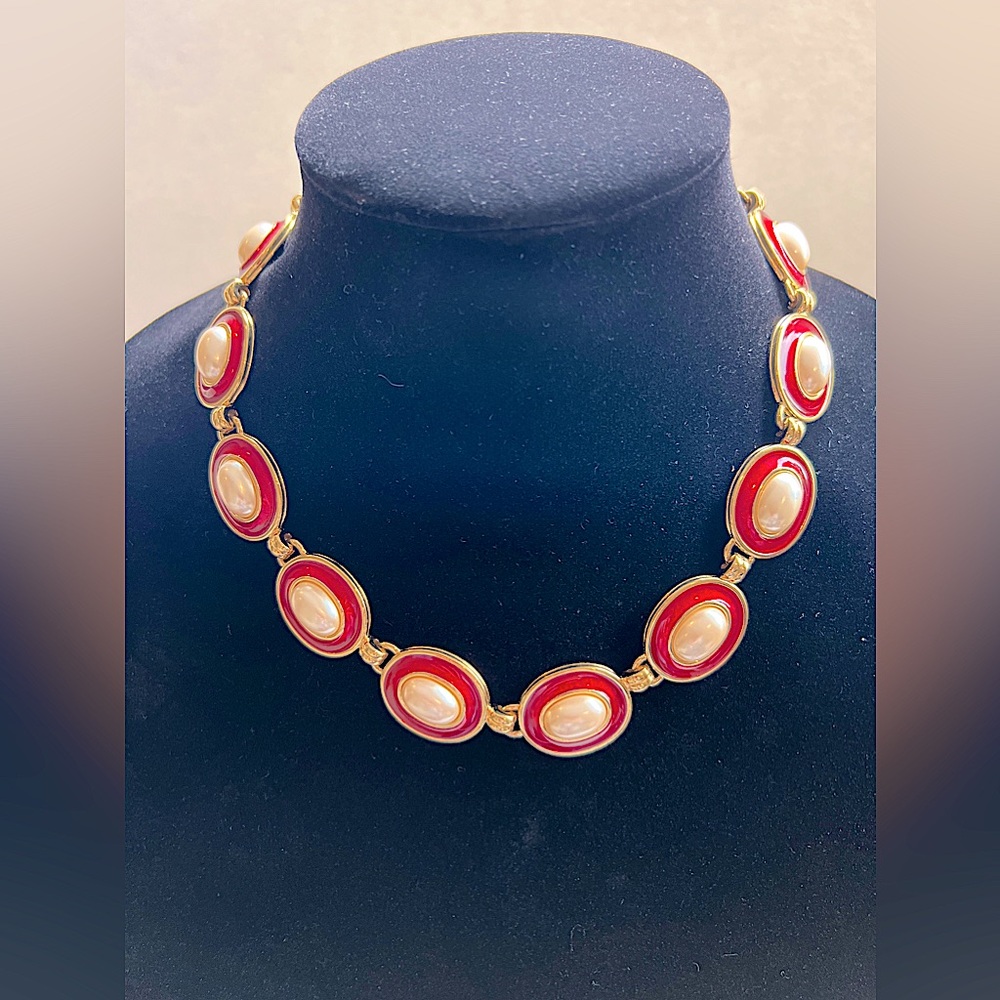 Vintage Classic Monet Deep Red Enamel Faux Pearl Couture Jewelry Set